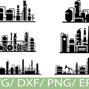 May include: Black and white illustrations of industrial plants, including storage tanks, towers, and smokestacks. The designs are in a silhouette style, suitable for various digital projects. The bottom of the image has the text "SVG / DXF / PNG / EPS".