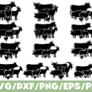Puede incluir: Imágenes de siluetas negras de animales de granja, incluyendo vacas, cerdos, ovejas, cabras y gallinas. Las imágenes están agrupadas en varias combinaciones. La parte inferior de la imagen tiene el texto "SVG/DXF/PNG/EPS/PDF" en verde y blanco.