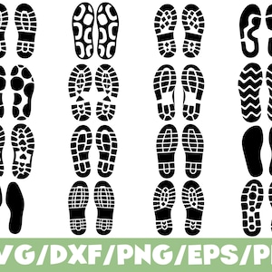 Puede incluir: Gráfico en blanco y negro de varias huellas de suelas de zapatos. La imagen presenta múltiples pares de huellas con diferentes patrones de banda de rodadura, incluyendo puntos, líneas y formas sólidas. El texto "SVG/DXF/PNG/EPS/PDF" está en la parte inferior.