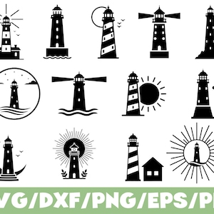 May include: A collection of black and white lighthouse illustrations in various designs. Some lighthouses have stripes, others are solid. Some are paired with the sun, moon, or waves. The text "SVG/DXF/PNG/EPS/PDF" is at the bottom.