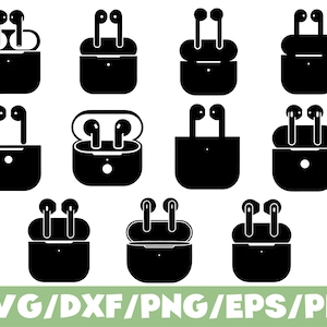 Op de afbeelding: Zwart-wit digitale illustratie van draadloze oortelefoons en oplaadcases. De afbeelding toont verschillende opstellingen van de oortelefoons, sommige open en sommige gesloten. De tekst onderaan luidt "SVG/DXF/PNG/EPS/PDF".