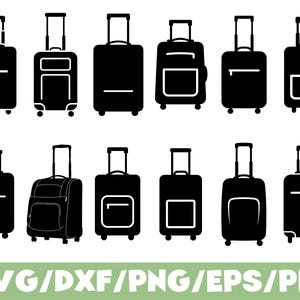 May include: Black luggage silhouettes with various designs, including rolling suitcases and carry-ons. The image features different styles of travel bags, perfect for travel-themed projects. The text at the bottom reads "SVG/DXF/PNG/EPS/PDF".