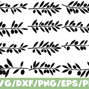 May include: A collection of twelve black silhouette illustrations of olive branches with leaves and olives arranged in four rows. The text SVG/DXF/PNG/EPS/PDF is displayed in white capital letters on a light green horizontal bar at the bottom.