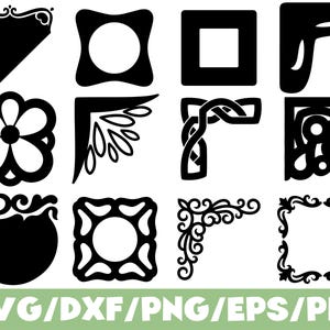 Puede incluir: Una colección de doce iconos gráficos negros que presentan varios diseños de esquinas, formas florales y marcos cuadrados. El conjunto incluye intrincados trabajos de volutas, patrones geométricos y motivos de nudos. El texto SVG/DXF/PNG/EPS/PDF está abajo.