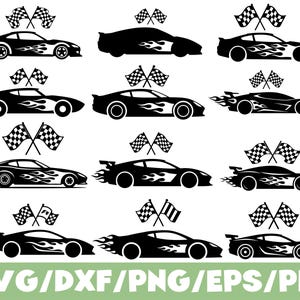 Puede incluir: Una colección de siluetas de coches negros con diseños de llamas y banderas a cuadros. La imagen incluye varios modelos de coches, cada uno con un patrón de llama único, ideal para proyectos de carreras o automoción.