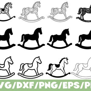 May include: A collection of rocking horse designs in various styles. Some are detailed with patterns, while others are solid black silhouettes. The image includes the text "SVG/DXF/PNG/EPS/PDF" in green.
