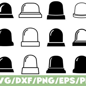 May include: A collection of twelve black and white siren illustrations in various styles. The designs include solid and outlined versions of the emergency light. The bottom of the image features the text "SVG/DXF/PNG/EPS/PDF" in green.