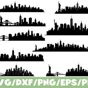 Könnte beinhalten: Eine Sammlung schwarzer Silhouette-Bilder der Skyline von New York City, einschließlich der Freiheitsstatue, Brücken und verschiedener Wolkenkratzer. Die Bilder sind in verschiedenen horizontalen Formaten.