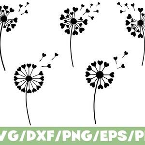 Pode incluir: Um conjunto de cinco ilustrações gráficas pretas de flores de dente-de-leão onde as sementes têm a forma de pequenos corações. As flores são representadas com caules finos e linhas radiantes, com algumas sementes em forma de coração a flutuar. O texto diz SVG/DXF/PNG/EPS/PDF.