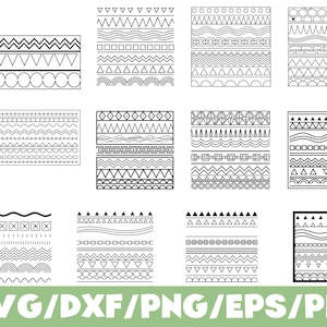 May include: A collection of black and white geometric patterns, including zigzags, triangles, squares, and circles. The designs are arranged in rectangular blocks. The image also includes the text "SVG/DXF/PNG/EPS/PDF".
