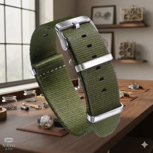 Bracelet montre NATO cuir SELECT-HEURE Vert Kaki, boucles brossées