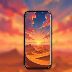 May include: A smartphone displays a digital art landscape. The artwork features a desert scene with orange sand dunes under a sunset sky filled with orange and red clouds. A crescent moon is visible.