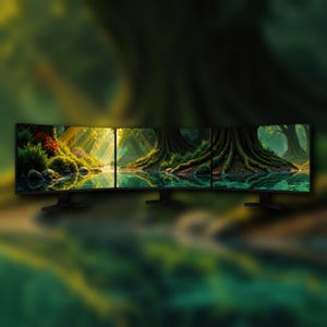 May include: Three curved computer monitors displaying a serene forest scene with a reflective lake. The artwork features lush greenery, sunlight, and large trees, creating a tranquil and immersive visual experience. The monitors are black and have a sleek design.
