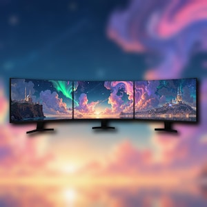May include: Three curved computer monitors displaying a vibrant landscape with a castle, aurora borealis, and sunset. The monitors are black and mounted on black stands, creating a panoramic view.