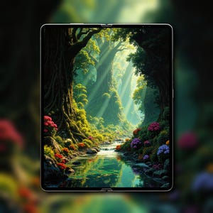 May include: A digital painting of a lush forest scene, displayed on a tablet. Sunlight streams through tall trees, illuminating a flowing river and vibrant flowers in shades of red, pink, and purple. The artwork evokes a sense of tranquility and natural beauty.