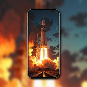 May include: A smartphone displays a digital illustration of a rocket launching. The scene is filled with fiery orange and yellow flames and smoke, with the rocket ascending into a blue and gray sky. The image evokes a sense of power and adventure.