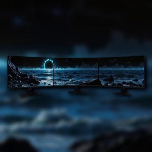 May include: Three curved computer monitors displaying a dark ocean scene with a glowing blue portal. The monitors are black with black stands, set against a blurred blue background.