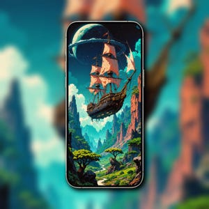 Pode incluir: Ilustração fantástica de um navio navegando pelo céu, com montanhas e um planeta com anéis ao fundo. O navio tem velas laranja e um casco de madeira detalhado. Exibido na tela de um smartphone.