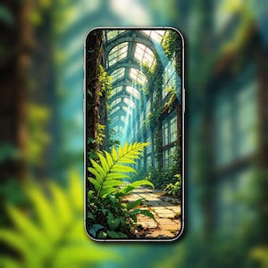 May include: A smartphone displays a digital art image of a sunlit greenhouse interior. The scene features a stone path, lush green ferns, and climbing vines. Sunlight streams through the arched glass ceiling, creating a serene, naturalistic aesthetic.
