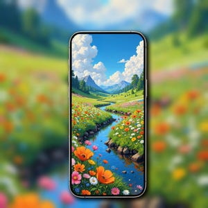 May include: A smartphone displays a vibrant landscape painting of a flowing river through a meadow filled with colorful wildflowers. The scene includes mountains, trees, and a bright blue sky with fluffy white clouds. The phone has a black bezel.