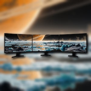 May include: Three curved black computer monitors displaying a space scene with a planet and icy terrain. The monitors are arranged side-by-side, creating a panoramic view. Each monitor has a black stand.