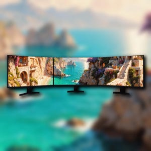 May include: A curved, multi-monitor display showing a coastal landscape with buildings, cliffs, and turquoise water. The monitors are black with black stands. The artwork depicts a sunny day with vibrant colors and detailed scenery.
