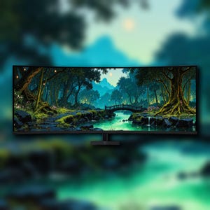 月明かりに照らされた森の橋 | 超ワイド壁紙 | デスクトップ壁紙 | 5120x1440 壁紙