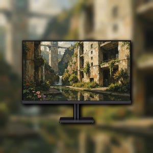 Puede incluir: Un monitor de ordenador negro que muestra una pintura digital de una escena de cañón con edificios, una cascada y una masa de agua. La obra de arte tiene una paleta de colores apagados con toques de verde y marrón.
