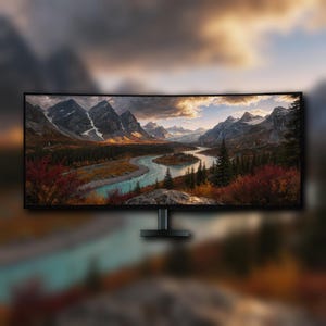 May include: A curved ultrawide computer monitor displaying a high-resolution landscape image of a winding turquoise river flowing through a valley surrounded by snow-capped mountains, evergreen trees, and autumn foliage under a cloudy sky.
