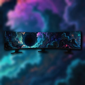 May include: Three curved computer monitors displaying a vibrant, colorful nebula scene. The monitors are black with black stands, set against a blurred background of blues, purples, and pinks. The artwork on the screens features swirling clouds and celestial elements.