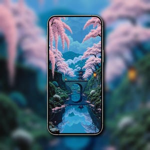 May include: A smartphone displays a serene Japanese landscape. The image features a stone bridge over a reflective river, with a traditional pagoda and cherry blossom trees. The scene is set against a backdrop of mountains and a blue sky.