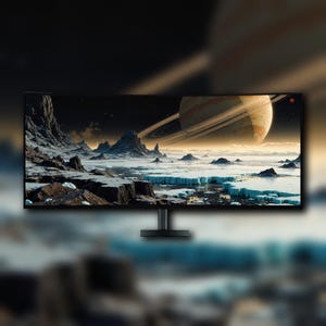 May include: A curved computer monitor displaying a digital art scene of a planet with rings, rocky terrain, and a starry sky. The screen is black with a thin bezel, supported by a black stand.