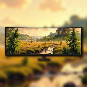 May include: A curved, widescreen monitor displays a serene landscape painting of a river flowing through a meadow, with mountains in the background. The monitor has a black frame and stand, and the image features cannabis plants.
