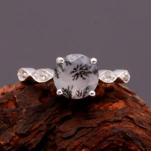 Dendrite Opal Round Moissanite Ring, 925 Sterling Silver Vintage Jewelry, Personalized Gift