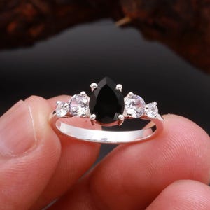 Black Onyx Pear Shape Ring, 925 Sterling Silver, Moissanite Accents, Handmade Jewelry