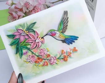 Handgemachte Quillingskarte: Kolibri und Blumen Grußkarte - Natur Geburtstag, Muttertag
