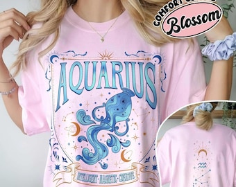 Koszulka zodiaku Wodnik, koszulka astrologiczna Comfort Colors, prezent urodzinowy dla Wodnika, top z horoskopem wschodzącego znaku słońca i księżyca