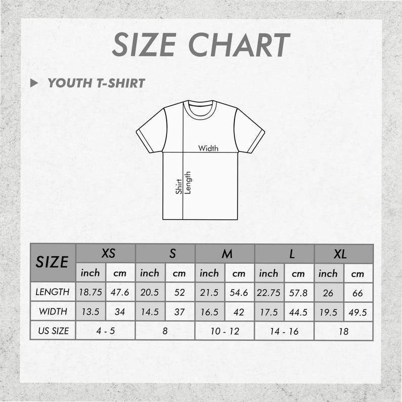 May include: A size chart for youth t-shirts, with measurements in inches and centimetres. The chart includes sizes XS to XL, detailing shirt length and width, along with corresponding US sizes. The text "SIZE CHART" is at the top.