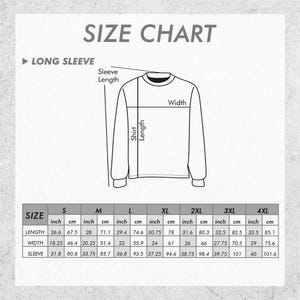 May include: A size chart for long sleeve shirts, with measurements in inches and centimeters. The chart includes shirt length, width, and sleeve length for sizes S through 4XL. The text "SIZE CHART" is at the top.