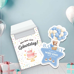 May include: A white envelope with the text "Alles Gute zum Geburtstag!" and a pink cake illustration. A blue star-shaped card with the word "BABY" and a teddy bear in a hot air balloon. Balloons in the background.