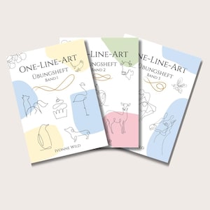 Könnte beinhalten: Drei Bücher mit dem Titel "ONE-LINE-ART ÜBUNGSHEFT" mit Strichzeichnungen von Tieren und Objekten. Jedes Buch hat ein anderes Pastellfarbschema: Gelb, Rosa und Blau. Der Name des Autors, IVONNE WILD, ist unten auf dem ersten Buch abgedruckt.