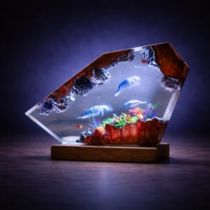 Ocean Cave Resin Lamp, Underwater Aquarium Epoxy Lamp, Coral Reef Fish Night Light, Marine Life Desk Lamp, Handmade Ocean Decor