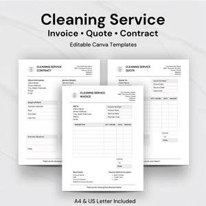 Pode incluir: Um conjunto de modelos imprimíveis brancos para um serviço de limpeza, incluindo fatura, orçamento e contrato. Os modelos são rotulados como "Cleaning Service" e incluem campos para informações do cliente, detalhes do serviço e informações de pagamento. O texto "A4 & US Letter Included" está na parte inferior.