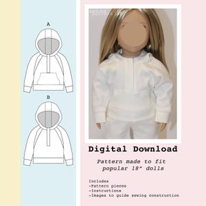 Pode incluir: Download digital de um padrão de costura para um hoodie de boneca de 45,7 cm. A imagem mostra um hoodie branco numa boneca, juntamente com desenhos lineares do padrão. O texto diz "Download digital" e "Padrão feito para bonecas populares de 45,7 cm."