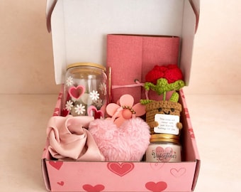 Valentine's Day Gift Box, Pink Self-Care Set, Crochet Rose, Cozy Present