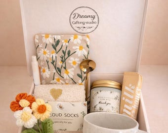 Thank You Gift Box – Cozy Self Care Package, Daisy Mug, Candle, Socks