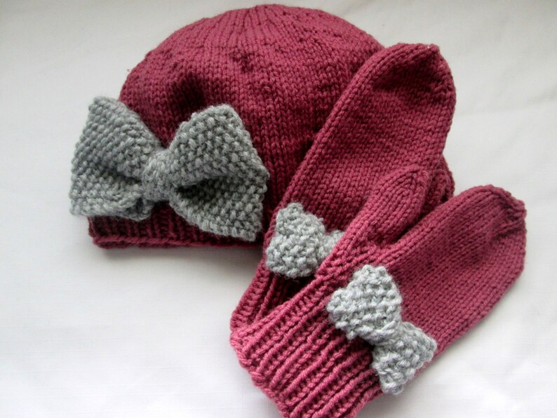 Hat and Mittens with Bows Knitting Pattern Adults or Kids Etsy