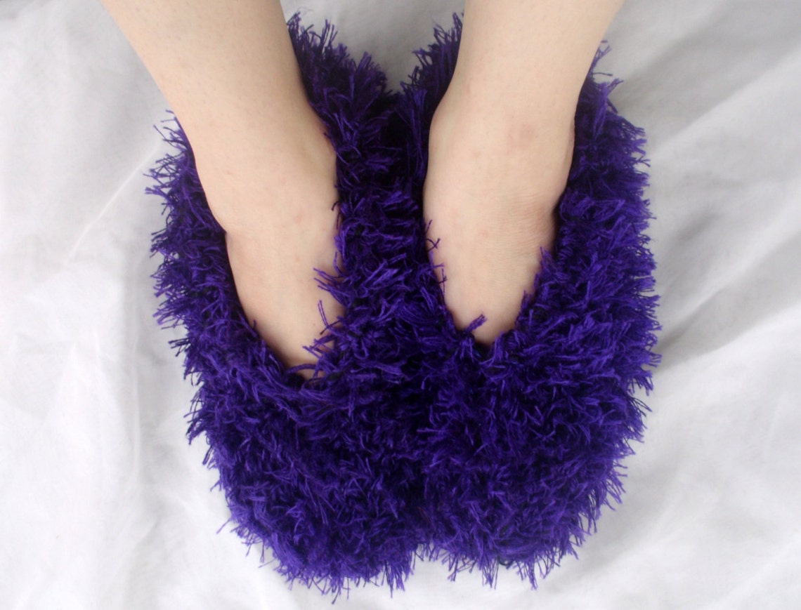 Womens Bedroom Slippers / Fluffy Fuzzy Purple Hand Knit Etsy