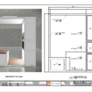 Pu&ograve; includere: Disegno architettonico con una vista prospettica di una cabina bianca con una panca e una vista planimetrica che dettaglia le dimensioni. La cabina ha una forma rettangolare, con un'illuminazione sopra la panca.