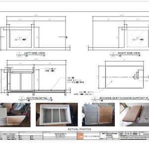 Pu&ograve; includere: Disegni architettonici dettagliati di una struttura in legno, tra cui viste laterali, dettagli di sezione e un piano di supporto per il cuscino del sedile. I disegni includono misure in cm e il testo "THE FLASHBOX". Sono incluse anche foto reali.